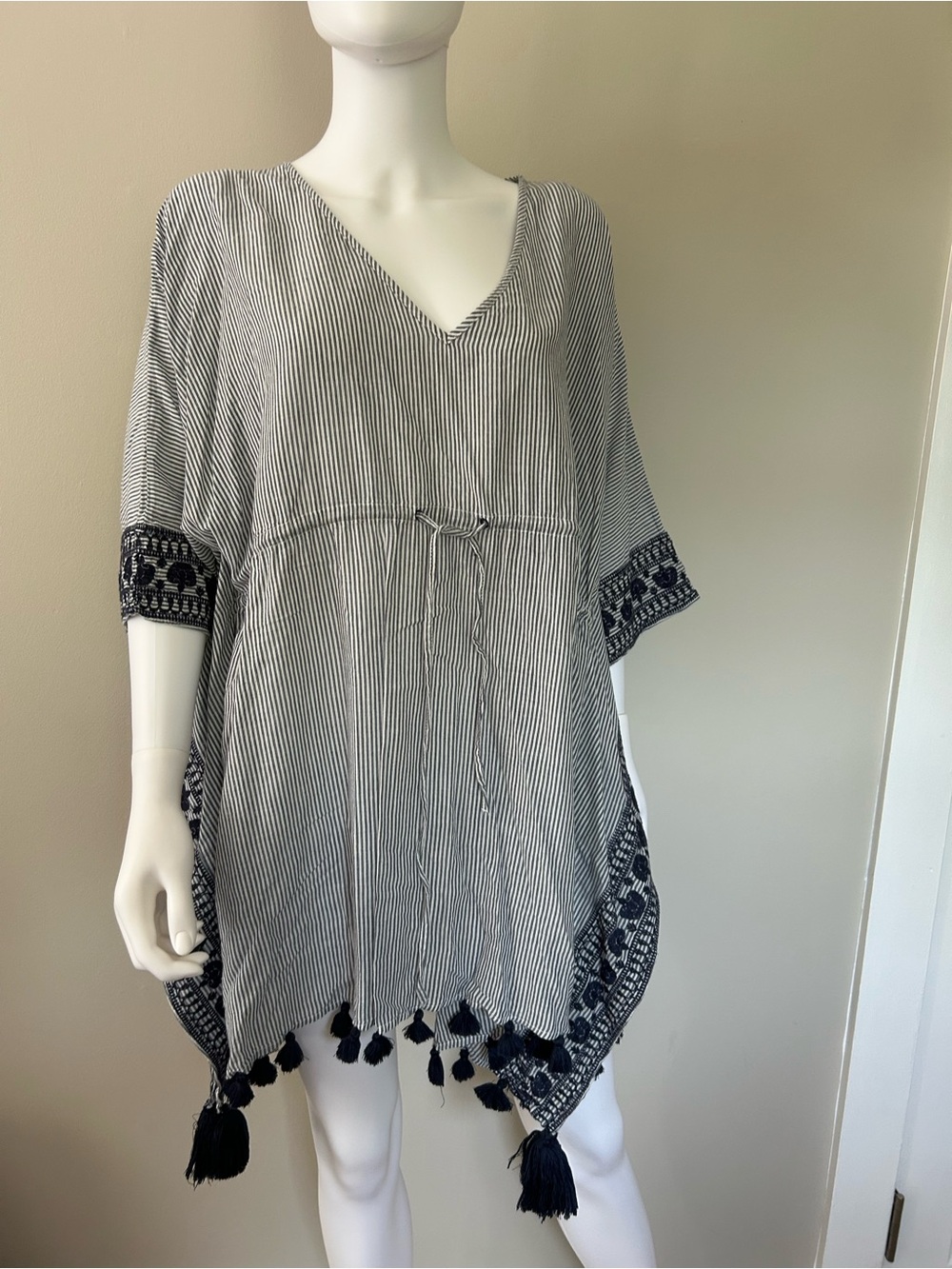 Mer Sea Striped Cotton Tassel Caftan Cover Up Navy White Embroidered OS